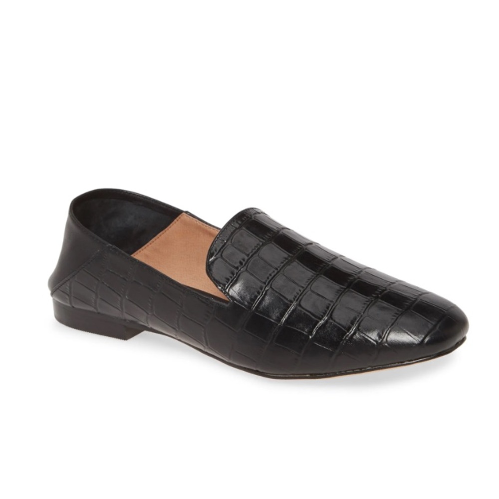 Black Flat in Crocodile Embossed Leather